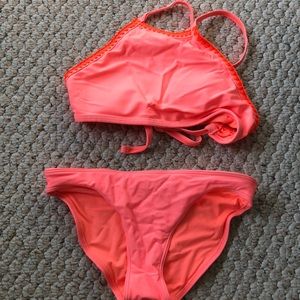 Aerie peach and orange high neck bikini set